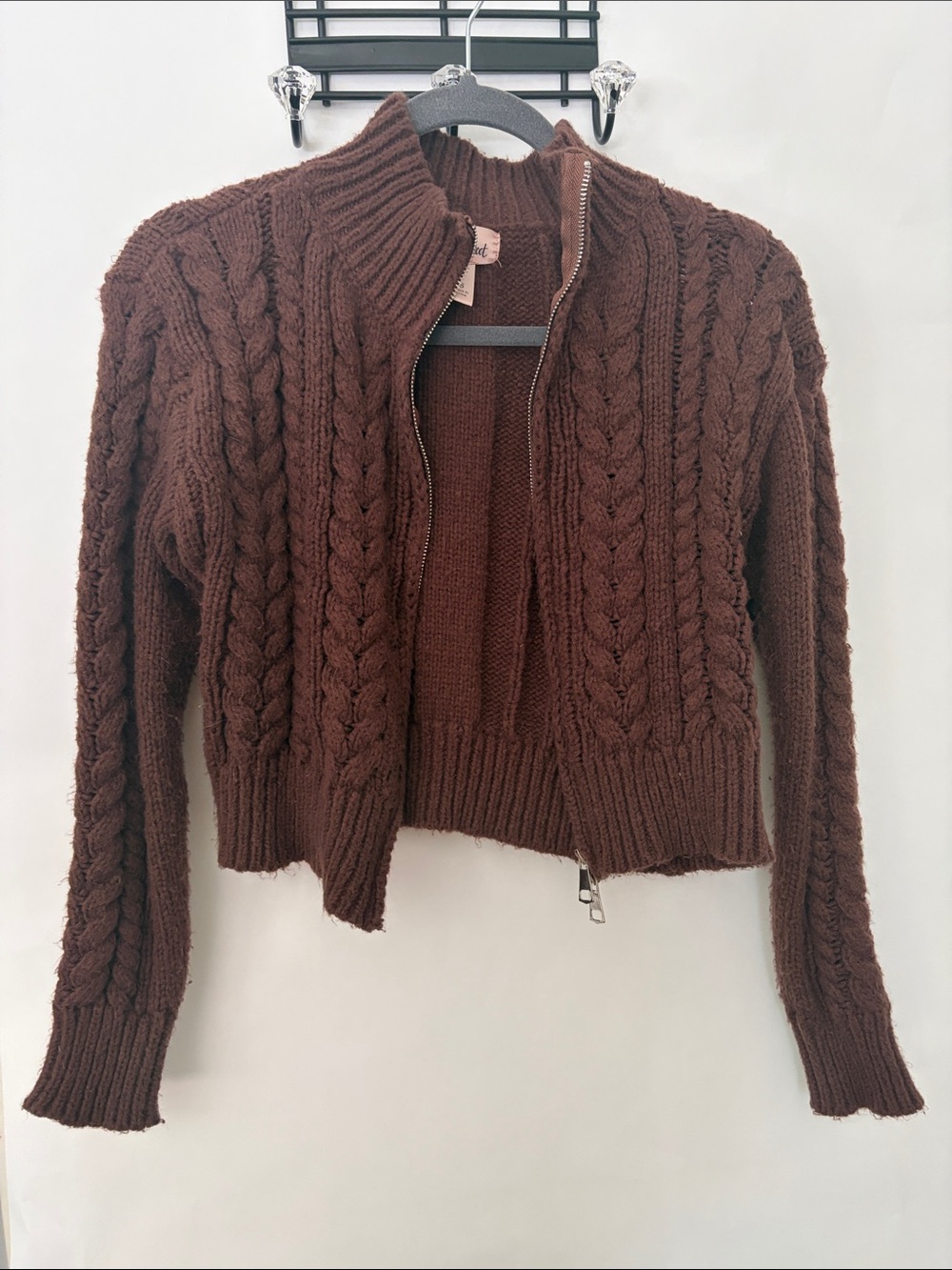 Willow & Root Cable-Knit Zip Cardigan Sweater in Deep Brown - Size S